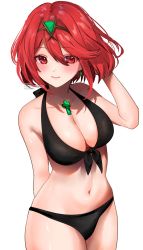 Rule 34 | 1girl, arm behind back, arm up, asada sadao, bikini, black bikini, breasts, cleavage, closed mouth, earrings, front-tie bikini top, front-tie top, halterneck, hand in own hair, highres, jewelry, large breasts, light smile, navel, pyra (xenoblade), red eyes, red hair, short hair, simple background, smile, solo, stomach, swimsuit, tiara, watermark, white background, xenoblade chronicles (series), xenoblade chronicles 2