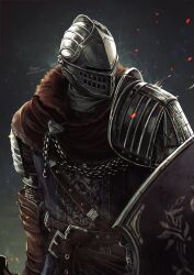 Rule 34 | 1other, absurdres, amazuya azuma, ambiguous gender, armor, artist name, belt, brown belt, brown gloves, chain, chosen undead, commentary request, dark souls (series), dark souls i, embers, gauntlets, gloves, grey background, helm, helmet, highres, holding, holding shield, looking to the side, shield, shoulder plates, solo, upper body