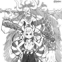 Rule 34 | 1boy, 1girl, absurdly long hair, ahoge, beard, big hair, bracelet, chain, club, club (weapon), collarbone, commentary request, cuffs, curled horns, facial hair, father and daughter, greyscale, hakama, hakama skirt, hand on own hip, highres, holding, holding weapon, horns, iinano (inanosuke), japanese clothes, jewelry, kaidou (one piece), kanabou, kataginu, long hair, long horns, monochrome, multicolored hair, multicolored horns, muscular, mustache, one piece, oni, shackles, skirt, spiked bracelet, spikes, topless male, twitter username, two-tone hair, very long hair, weapon, yamato (one piece)