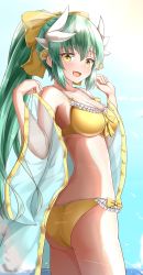 Rule 34 | 1girl, :d, absurdres, ass, bikini, blue sky, blush, bow, breasts, cleavage, cloud, collarbone, commentary request, day, dragon horns, fate/grand order, fate (series), green hair, hair between eyes, hair bow, hair ornament, hands up, high ponytail, highres, horizon, horns, kiyohime (fate), kiyohime (fate/grand order), kiyohime (swimsuit lancer) (fate), kiyohime (swimsuit lancer) (first ascension) (fate), large breasts, long hair, looking at viewer, moyoron, ocean, off shoulder, open mouth, outdoors, ponytail, see-through, sky, smile, solo, swimsuit, very long hair, water, yellow bikini, yellow bow, yellow eyes