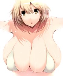 Rule 34 | 10s, 1girl, :o, bikini, breasts, brown eyes, brown hair, cleavage, hair ornament, hairclip, heart, heart hair ornament, huge breasts, matching hair/eyes, narusawa ryouka, occultic;nine, parted lips, short hair, simple background, solo, swimsuit, thigh gap, tsukasawa takamatsu, white background, white bikini