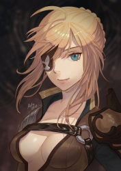 Rule 34 | 1girl, absurdres, armor, artoria pendragon (all), artoria pendragon (fate), aztodio, blonde hair, blue eyes, braid, breasts, cleavage, collarbone, cosplay, dated, eyepatch, fate/stay night, fate (series), fire emblem, fire emblem echoes: shadows of valentia, fire emblem gaiden, highres, lips, looking at viewer, medium breasts, name connection, nintendo, saber (fate), saber (fire emblem), saber (fire emblem) (cosplay), short hair, shoulder armor, signature, smile, solo, upper body