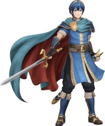 Rule 34 | 1boy, 3d, arm guards, belt, blue eyes, blue hair, boots, cape, elbow gloves, falchion (fire emblem), fingerless gloves, fire emblem, fire emblem: mystery of the emblem, fire emblem warriors, full body, gauntlets, gloves, highres, holding, holding sword, holding weapon, jewelry, knee boots, looking at viewer, male focus, marth (fire emblem), nintendo, official art, pants, sheath, short hair, short sleeves, solo, sword, tiara, transparent background, weapon