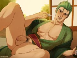 Rule 34 | 1boy, abs, artist name, bara, bare pectorals, bottle, flaccid, garbancobean, genji (overwatch), green hair, green kimono, highres, holding, holding bottle, indoors, japanese clothes, kimono, large pectorals, male focus, male pubic hair, muscular, muscular male, naked kimono, nipples, open mouth, overwatch, overwatch 2, patreon username, pectorals, penis, pubic hair, revealing clothes, short hair, smile, solo, testicles, thighs