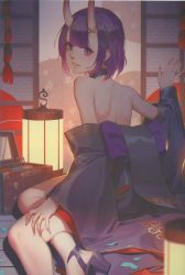 Rule 34 | 1girl, absurdres, bare shoulders, fate/grand order, fate (series), feet, high heels, highres, horns, huge filesize, indoors, japanese clothes, looking at viewer, looking back, parted lips, sandals, sayika, shuten douji (fate), sitting, solo