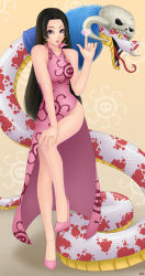 Rule 34 | 1girl, bandana, black hair, boa hancock, china dress, chinese clothes, dress, earrings, female focus, full body, heart, high heels, highres, horns, jewelry, jolly roger, long hair, looking at viewer, one piece, pet, pink dress, pink footwear, pirate, purple eyes, salome (one piece), shoes, side slit, skull, snake, spotted, standing