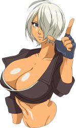 Rule 34 | 1girl, ahoge, angel (kof), blue eyes, breasts, cleavage, hohehohe, huge breasts, large breasts, looking at viewer, parted lips, short hair, silver hair, smile, snk, solo, the king of fighters, upper body