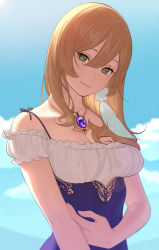 Rule 34 | 1girl, abbystea, breasts, cleavage, cloud, commentary, day, dress, earrings, english commentary, feather earrings, feathers, genshin impact, green eyes, hair between eyes, highres, jewelry, light brown hair, lisa (genshin impact), long hair, looking at viewer, medium breasts, necklace, outdoors, single earring, sky, smile, solo, upper body, vision (genshin impact)