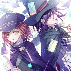 Rule 34 | 1boy, 1girl, alternate headwear, artist name, back-to-back, black headwear, black jacket, bob cut, cape, checkered clothes, checkered scarf, commentary request, danganronpa (series), danganronpa v3: killing harmony, from side, hair ornament, hairclip, hat, holding, holding mask, holding staff, jacket, looking at viewer, mask, unworn mask, medium hair, open mouth, oma kokichi, purple eyes, purple hair, red hair, scarf, school uniform, short hair, staff, standing, white jacket, witch hat, yellow eyes, yumeno himiko, z-epto (chat-noir86)