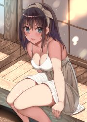Rule 34 | 1girl, :d, arm support, bad id, bad pixiv id, bare arms, bare shoulders, blue eyes, blush, breasts, brown hair, cleavage, commentary request, day, dress, feet out of frame, hair between eyes, hair ribbon, hairband, kureha (ironika), long hair, looking at viewer, medium breasts, open mouth, original, outdoors, ribbon, sleeveless, sleeveless dress, smile, solo, veranda, white dress, white hairband, white ribbon