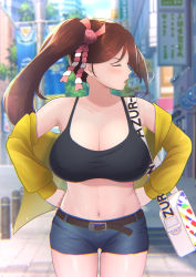 Rule 34 | 1girl, alternate costume, armpits, azur lane, bag, bare shoulders, belt, black tank top, blue sky, blurry, blurry background, blush, breasts, brown belt, brown hair, city, cleavage, closed eyes, cloud, collarbone, commentary request, covered erect nipples, cowboy shot, crop top, day, denim, denim shorts, facing away, groin, hair between eyes, hair ornament, hands on own hips, high ponytail, jacket, juuichiban, large breasts, long hair, long sleeves, midriff, navel, off shoulder, open mouth, outdoors, ponytail, road, shirt, short shorts, shorts, shoulder bag, sidelocks, sky, solo, standing, street, tank top, taut clothes, taut shirt, very long hair, yellow jacket, zuikaku (azur lane)