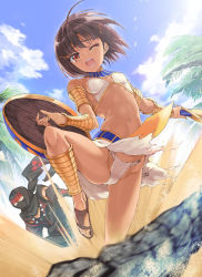 Rule 34 | 1boy, 1girl, ;o, ahoge, anklet, armlet, assal (sennen sensou aigis), bare shoulders, belt, black hair, blush, breasts, cameltoe, clothes lift, cloud, constricted pupils, covered erect nipples, crop top, dark skin, day, detached sleeves, egyptian, fundoshi, groin, hair ornament, hairclip, hien (sennen sensou aigis), highres, hip focus, holding, holding weapon, horns, japanese clothes, jewelry, looking at viewer, mask, metallican, miniskirt, mitsudomoe (shape), motion blur, navel, neck ring, ninja, one eye closed, open mouth, outdoors, outstretched arm, palm tree, red eyes, sand, sandals, scarf, sennen sensou aigis, shield, short hair, skirt, skirt lift, sky, small breasts, standing, standing on one leg, sword, tomoe (symbol), torn clothes, torn skirt, tree, underwear, vambraces, weapon, wince