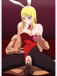 Rule 34 | 1boy, 1girl, animal ears, blonde hair, blush, grabbing another&#039;s breast, breasts, brown eyes, censored, clenched teeth, clothed female nude male, cum, cum in pussy, fairy tail, fake animal ears, game cg, grabbing, hetero, highres, large breasts, legs, lime (purple haze), long hair, lucy heartfilia, mosaic censoring, nude, one eye closed, pantyhose, penis, playboy bunny, pussy, rabbit ears, sex, short hair, sitting, sweat, teeth, testicles, torn clothes, torn legwear, vaginal