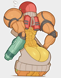 Rule 34 | 1girl, arm cannon, armor, arms at sides, ass, backless dress, backless outfit, butt crack, cowboy shot, cropped legs, dress, embarrassed, flying sweatdrops, from behind, from side, full armor, grey background, halterneck, helmet, highres, legs together, meme attire, metroid, outline, power suit, ribbon, samus aran, short dress, simple background, solo, splashbrush, standing, sweater, sweater dress, turtleneck, varia suit, virgin killer sweater, visor, weapon