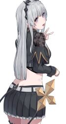 Rule 34 | 1girl, atsushima, back, belt, black horns, black jacket, black skirt, blunt bangs, commentary request, cowboy shot, cropped jacket, cross, demon girl, demon horns, demon tail, frilled skirt, frills, from behind, grey belt, grey hair, highres, hime cut, honey strap, horns, jacket, long hair, long sleeves, looking at viewer, looking back, miniskirt, mole, mole under eye, nanashi inc., open mouth, pleated skirt, purple eyes, sidelocks, simple background, skirt, smile, solo, sougetsu eli, tail, v, very long hair, virtual youtuber, white background