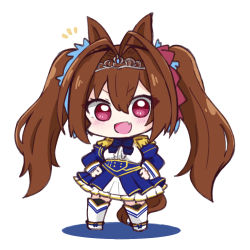 Rule 34 | 1girl, :d, animal ears, black legwear, blue bow, blue jacket, blush, boots, bow, breasts, brown hair, center frills, chibi, colored shadow, commentary request, daiwa scarlet (umamusume), epaulettes, fang, frills, full body, garter straps, hair between eyes, hair intakes, horse ears, horse girl, horse tail, jacket, juliet sleeves, long hair, long sleeves, looking at viewer, medium breasts, notice lines, nozo (hitomiz), open mouth, puffy sleeves, red eyes, shadow, shirt, skirt, smile, solo, standing, tail, tiara, twintails, umamusume, v-shaped eyebrows, very long hair, white background, white footwear, white legwear, white shirt, white skirt