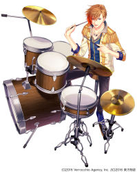 Rule 34 | 1boy, blue footwear, brown eyes, brown hair, company name, copyright request, cymbals, dated, drum, drum set, drumsticks, epaulettes, hi-hat, instrument, jewelry, male focus, necklace, official art, orange hair, pants, sitting, solo, stool, white background, yukikana