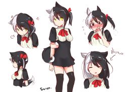 Rule 34 | 1girl, :t, ^ ^, a:n (angrynum), anger vein, animal ears, arm behind back, asymmetrical hair, black dress, black hair, black thighhighs, blush, character name, closed eyes, covering own mouth, dress, embarrassed, expressionless, flying sweatdrops, hair ribbon, highres, multicolored hair, multiple views, open mouth, original, pout, ribbon, seren (angry num), short hair, side ponytail, simple background, smile, split-color hair, tail, thighhighs, two-tone hair, white background, white hair, yellow eyes