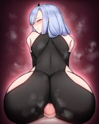 Rule 34 | 1futa, 1girl, aqua hair, ass, bed, blush, bodysuit, bottomless, buttjob, buttjob over clothes, censored, clothed sex, clothes, clothing cutout, elbow gloves, female pov, from behind, futa with female, futanari, genshin impact, gloves, hair over one eye, heart, heart-shaped pupils, highres, huge ass, huge penis, long hair, looking at viewer, looking back, lumine (genshin impact), mosaic censoring, multiple girls, on bed, open mouth, partially undressed, penis, pov, purple eyes, rikuguma, rubbing, shenhe (genshin impact), smile, symbol-shaped pupils