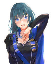 Rule 34 | 1girl, asao (vc), blue cape, blue eyes, blue hair, blush, breasts, byleth (female) (fire emblem), byleth (fire emblem), cape, cosplay, dimitri alexandre blaiddyd, dimitri alexandre blaiddyd (cosplay), embarrassed, fire emblem, fire emblem: three houses, garreg mach monastery uniform, highres, large breasts, nintendo, open mouth, simple background, solo, sweat, uniform, upper body, white background, zipper, zipping