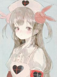 Rule 34 | &gt; &lt;, 1girl, apron, armband, blush, center frills, closed mouth, collared dress, commentary, dress, frills, grey background, hair ornament, hat, heart, heart print, highres, light brown hair, long hair, looking at viewer, natori sana, nurse cap, pink apron, pink hat, puffy short sleeves, puffy sleeves, rabbit hair ornament, red armband, red eyes, sana channel, short sleeves, simple background, solo, tsukamoto anabone, two side up, upper body, virtual youtuber, white dress