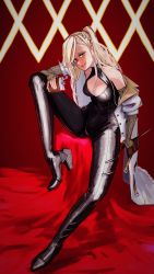 Rule 34 | 1girl, 746kuchiku, a-91 (girls frontine), absurdres, black bodysuit, blonde hair, blush, bodysuit, breasts, cleavage, clothes pull, flask, full body, girls&#039; frontline, highres, holding, holding flask, holding knife, jacket, jacket pull, knife, latex, latex bodysuit, lips, long hair, looking at viewer, medium breasts, off shoulder, open clothes, open jacket, open mouth, orange eyes, ponytail, sitting, smile, solo, teeth, white jacket