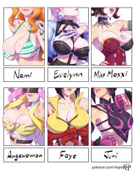 Rule 34 | 6+girls, angewomon, borderlands (series), borderlands 2, breasts, cleavage, cowboy bebop, digimon, evelynn (league of legends), faye valentine, han juri, highres, kajin (kajinman), large breasts, league of legends, mad moxxi, multiple drawing challenge, multiple girls, nami (one piece), one piece, six fanarts challenge, street fighter, view between breasts