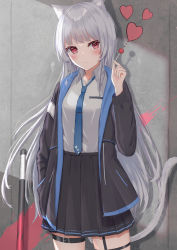 Rule 34 | 1girl, absurdres, animal ears, black hoodie, black skirt, blue necktie, blunt bangs, blush, candy, cat ears, cat tail, chupa chups, commentary request, food, grey hair, hand in pocket, heart, highres, holding, holding food, hood, hoodie, lollipop, long hair, long sleeves, necktie, original, pocket, red eyes, school uniform, shadow, shirt, skirt, solo, standing, tail, tanshio, thigh strap, white shirt