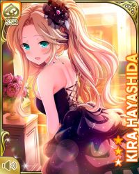 Rule 34 | 1girl, :d, bare arms, bare legs, black bow, black dress, blonde hair, bow, breasts, card (medium), cleavage, dress, flower, flower pot, girlfriend (kari), green eyes, hair ornament, hair tie, hayashida kira, indoors, jewelry, mansion, necklace, night, official art, open mouth, orange background, qp:flapper, rose, side ponytail, smile