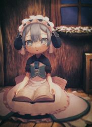 Rule 34 | 1boy, apron, blue eyes, blue hair, book, bright pupils, frilled apron, frills, highres, indoors, kunitarou-art, looking at viewer, made in abyss, maid, maid apron, maid headdress, maruruk, open book, parted lips, short hair, solo, trap, white apron, white pupils, window