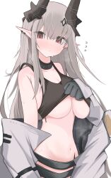 Rule 34 | 1girl, absurdres, arknights, black choker, black gloves, black horns, blush, breasts, choker, closed mouth, collarbone, crop top, gloves, grey hair, grey jacket, highres, horns, jacket, large breasts, long hair, long sleeves, looking at viewer, mudrock (arknights), navel, nui (nuinui0300), pointy ears, red eyes, simple background, solo, stomach, sweat, sweatdrop, white background
