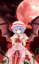 Rule 34 | 1girl, adapted costume, ascot, bat wings, brooch, dress, embellished costume, female focus, flower, frills, full moon, gem, hands on own chest, hat, hat ribbon, jewelry, jpeg artifacts, moon, night, purple hair, red eyes, red flower, red moon, red rose, remilia scarlet, ribbon, rose, short hair, sky, smile, solo, toraharu, touhou, wings, wrist cuffs