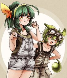 Rule 34 | 2girls, :3, ahoge, alternate costume, blush, brown background, brown overalls, brown shirt, collarbone, cowboy shot, goggles, goggles on head, green hair, green hairband, grey overalls, hair over shoulder, hairband, hands on own hips, hands up, highres, leaning forward, looking at viewer, low ponytail, multicolored background, multiple girls, natsu tuna, open mouth, overall shorts, overalls, playing with own hair, ponytail, shirt, sleeveless, sleeveless shirt, smile, spaghetti strap, strap slip, touhoku zunko, voiceroid, voicevox, white background, yellow eyes, zundamon