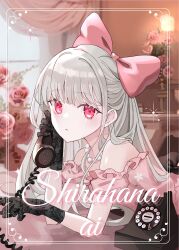 Rule 34 | 1girl, bare shoulders, black gloves, blurry, blurry background, bow, comiket 103, commentary request, corded phone, curtains, depth of field, dress, flower, frilled dress, frills, gloves, grey hair, hair bow, highres, holding, holding phone, indoors, iren lovel, jewelry, long hair, looking at viewer, necklace, off-shoulder dress, off shoulder, original, parted lips, pearl necklace, phone, pink bow, pink dress, pink flower, pink rose, puffy short sleeves, puffy sleeves, red eyes, red flower, red rose, rose, short sleeves, solo, very long hair, window