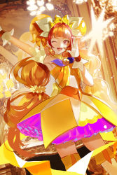 Rule 34 | 1girl, amanogawa kirara, blunt bangs, bow, commentary, cure twinkle, dress, earrings, gloves, go! princess precure, highres, jewelry, magical girl, multicolored hair, nani (s2 nani), one eye closed, open mouth, orange hair, pink eyes, precure, quad tails, solo, star (symbol), star earrings, two-tone hair, waist bow, white gloves, yellow dress