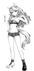 Rule 34 | 1girl, absurdres, animal ears, asymmetrical footwear, bikini, breasts, cleavage, closed mouth, denim, denim shorts, full body, gold city (umamusume), greyscale, groin, hamao, highres, horse ears, horse girl, horse tail, long hair, medium breasts, mismatched footwear, monochrome, navel, shorts, simple background, solo, swimsuit, tail, translation request, umamusume, white background