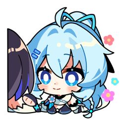 Rule 34 | 2girls, ahoge, bare shoulders, blue hair, blush, chibi, closed mouth, colored inner hair, commentary, english commentary, fingerless gloves, gloves, high ponytail, honkai (series), honkai impact 3rd, light blue hair, long hair, looking at another, multicolored hair, multiple girls, official art, scarf, seele vollerei, seele vollerei (stygian nymph), shigure kira, short hair, smile, solo focus, transparent background, upper body, white scarf