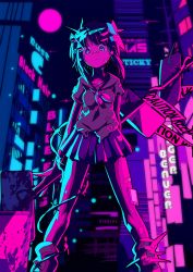 Rule 34 | 1girl, bandaid, bandaid on face, bandaid on nose, berryverrine, breasts, city lights, from below, hair ornament, highres, looking at viewer, neon lights, night, original, road sign, school uniform, short hair, sign, small breasts, solo, standing