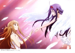 Rule 34 | 10s, 2girls, absurdres, asuna (sao), brown eyes, brown hair, dress, eye contact, feathers, highres, kusakabe chizuko, long hair, looking at another, multiple girls, open mouth, purple hair, red eyes, sword art online, white dress, yuuki (sao)
