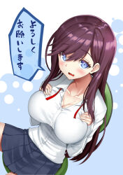 Rule 34 | 1girl, ahoge, black skirt, blue eyes, blush, breasts, brown hair, cleavage, collarbone, collared shirt, hands on own chest, large breasts, murata taichi, on chair, original, pleated skirt, shirt, sitting, skirt, solo, speech bubble, translation request, white shirt