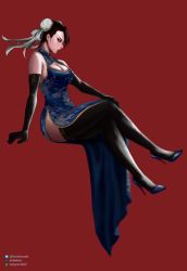 Rule 34 | 1girl, absurdres, black gloves, black thighhighs, breasts, brown hair, bun cover, capcom, china dress, chinese clothes, chun-li, cleavage, cleavage cutout, clothing cutout, double bun, dress, earrings, elbow gloves, full body, gloves, hair bun, high heels, highres, hyde (tabakko), jewelry, large breasts, lipstick, looking to the side, makeup, serious, side slit, sitting, solo, street fighter, stud earrings, thighhighs