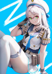 Rule 34 | 1girl, ammunition, belt, beret, blue background, buttons, choker, commentary request, glass, gloves, goddess of victory: nikke, green eyes, hair ornament, hairclip, hand up, hat, highres, lips, looking at viewer, neckerchief, neon (nikke), panties, pleated skirt, school uniform, semi-rimless eyewear, shotgun shell, simple background, skirt, smile, solo, striped, thighs, tongue, tongue out, underwear, white hair, y.i. (lave2217)