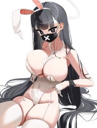 Rule 34 | 1girl, absurdres, animal ears, black eyes, black hair, black wrist cuffs, blue archive, breasts, cleavage, covered mouth, covered navel, fake animal ears, gloves, halo, highres, large breasts, leotard, long hair, looking at viewer, mask, mouth mask, nicorima, playboy bunny, rabbit ears, simple background, sitting, skindentation, solo, sukeban (smg) (blue archive), thighhighs, very long hair, white background, white gloves, white leotard, white thighhighs, wrist cuffs