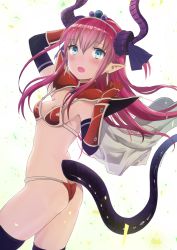 Rule 34 | 10s, 1girl, armor, armpits, ass, back, bikini armor, black gloves, black thighhighs, blue eyes, blush, breasts, cyonmage, dragon girl, dragon tail, elizabeth bathory (brave) (fate), elizabeth bathory (fate), fang, fate/extra, fate/extra ccc, fate/grand order, fate (series), flat ass, gauntlets, gloves, highres, horns, long hair, looking at viewer, looking back, loose bikini, open mouth, oversized clothes, pauldrons, pink hair, red armor, shoulder armor, simple background, small breasts, solo, tail, thighhighs, thighs, tiara