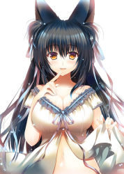 Rule 34 | 1girl, animal ears, black hair, blush, breasts, cleavage, clothes lift, finger to mouth, fox ears, hair ribbon, hand on own chest, hanpen (hannpenn2), large breasts, long hair, looking at viewer, navel, orange eyes, original, ribbon, skirt, skirt lift, smile, solo, upper body, white background