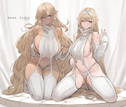 Rule 34 | 2girls, :o, ;), absurdly long hair, areola slip, artist name, blue eyes, breasts, brown hair, character name, commentary, dishwasher1910, english commentary, fingernails, gluteal fold, hairband, highres, kneeling, large breasts, long hair, looking at viewer, meme attire, mole, mole on breast, multiple girls, nail polish, navel, one eye closed, original, panties, pink nails, pointy ears, smile, sweater, thighhighs, underwear, very long hair, virgin destroyer sweater, virgin killer sweater, white hairband, white panties, white sweater, white thighhighs