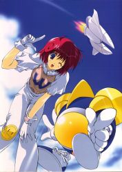 Rule 34 | 1990s (style), 1girl, ;), ;d, bent over, blue eyes, blush, cloud, day, flat chest, from below, gloves, gradius, hand on own knee, lens flare, looking at viewer, looking down, mecha, mitsumi misato, one eye closed, open mouth, outdoors, pants, parodius, pastel (twinbee), pointing, red hair, retro artstyle, robot, scan, shoes, short hair, sky, smile, smiley, smiley face, sneakers, spacecraft, standing, twinbee, twinbee (character), vic viper, wink