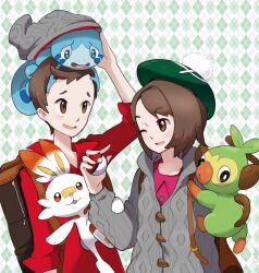 Rule 34 | 1boy, 1girl, argyle, argyle background, argyle clothes, arm up, backpack, bag, beanie, bob cut, brown bag, brown eyes, brown hair, buttons, cable knit, cardigan, collared dress, commentary, creatures (company), dress, game freak, gen 8 pokemon, gloria (pokemon), green headwear, grey cardigan, grey headwear, grookey, hand up, hat, highres, holding, holding poke ball, hooded cardigan, nintendo, on head, open mouth, pink dress, plumsmoke, poke ball, poke ball (basic), pokemon, pokemon (creature), pokemon on head, pokemon swsh, red shirt, scorbunny, shirt, short hair, sleeves rolled up, smile, sobble, starter pokemon trio, swept bangs, tam o&#039; shanter, victor (pokemon)
