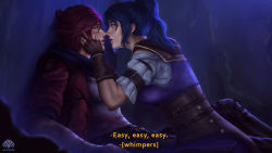 Rule 34 | 2girls, arcane: league of legends, arcane caitlyn, arcane vi, artist name, black gloves, blouse, breasts, caitlyn (league of legends), corset, english text, eye contact, fingerless gloves, gloves, grey shirt, hands on another&#039;s cheeks, hands on another&#039;s face, hands up, highres, hood, hood down, jacket, large breasts, league of legends, long hair, looking at another, minnhsg, multiple girls, open clothes, open jacket, open mouth, pants, ponytail, profile, purple hair, red hair, red jacket, shirt, short hair, short sleeves, sitting, subtitled, vi (league of legends), yuri