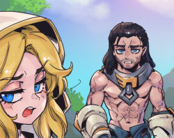 Rule 34 | 1boy, 1girl, abs, annoyed, black hair, blonde hair, blue eyes, blush, clenched teeth, cloud, collar, day, league of legends, long hair, looking at another, lux (league of legends), metal collar, muscular, muscular male, navel, open mouth, outdoors, pants, phantom ix row, sylas (league of legends), teeth, topless male, tree, upper teeth only